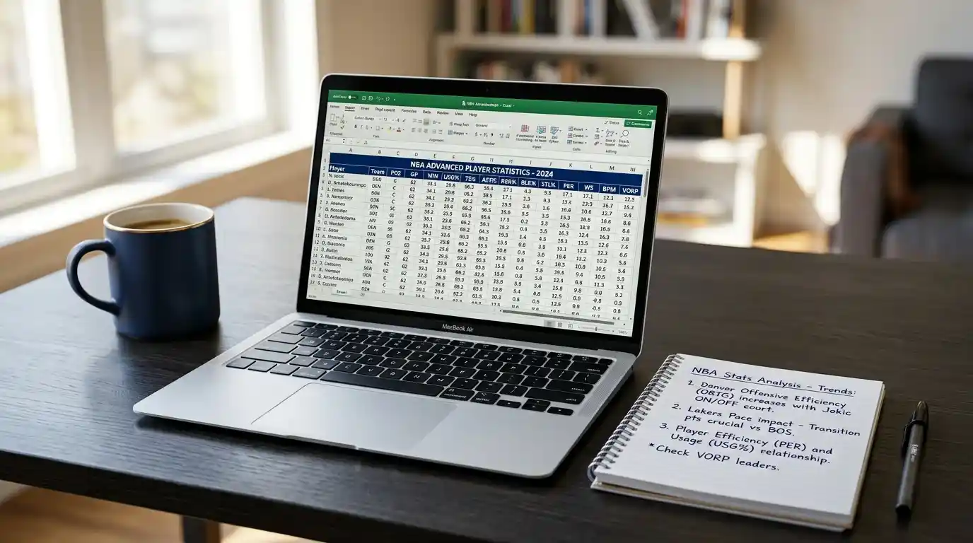 Notebook aberto com tabela de estatísticas de basquete ao lado de caderno de anotações