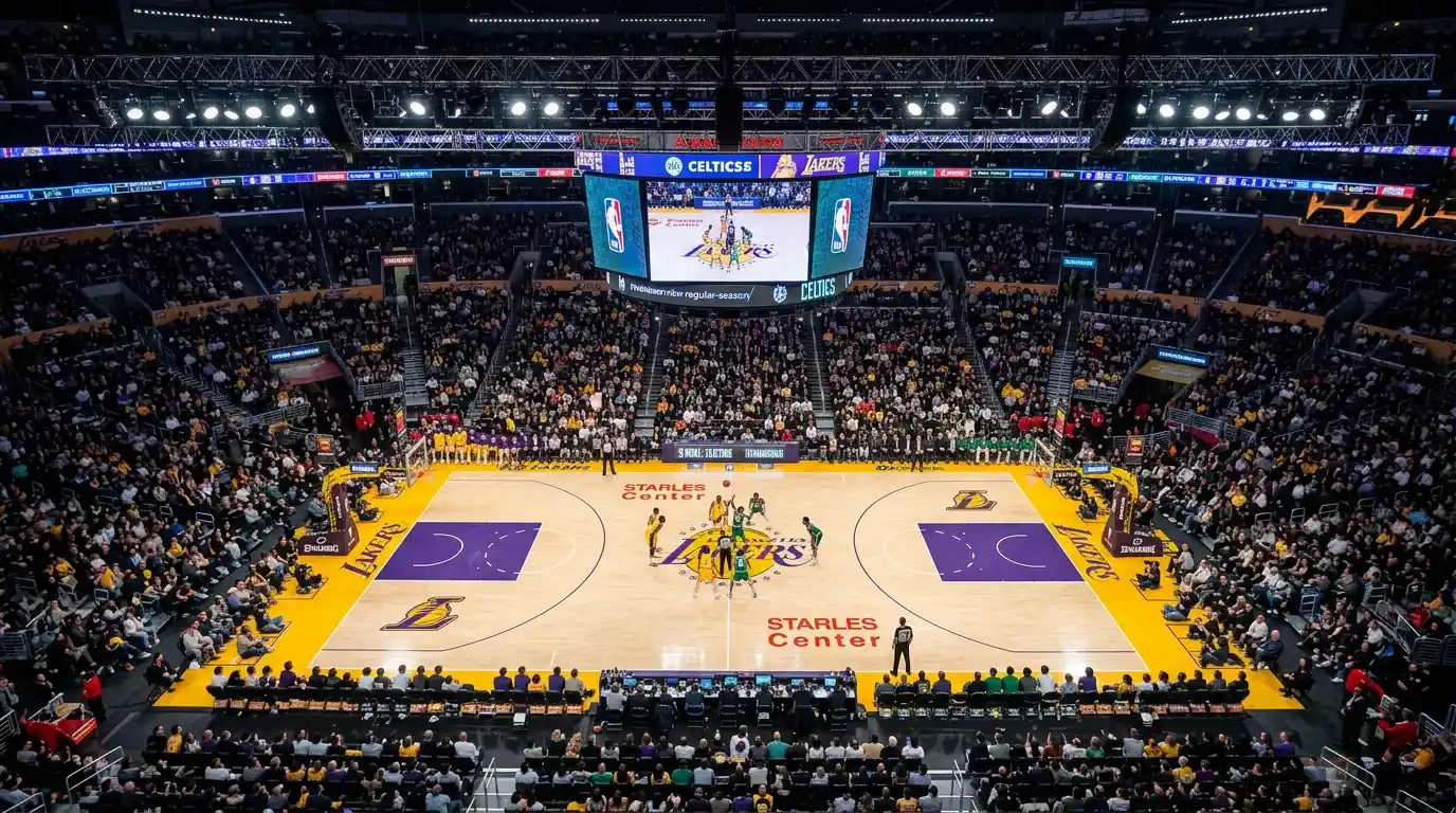 Arena de basquete da NBA vista de cima com jogadores em posição durante partida oficial