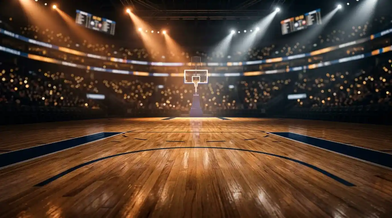 Quadra de basquete da NBA iluminada durante jogo noturno com torcida nas arquibancadas
