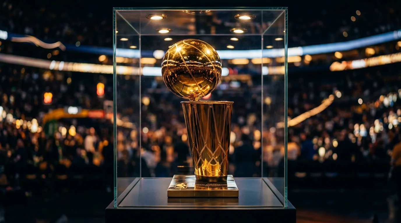 Trofeu Larry O'Brien da NBA com odds futuras de campeão ao fundo