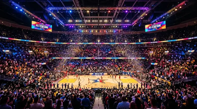 Jogadores das duas equipes do All-Star Game da NBA no aquecimento antes do jogo