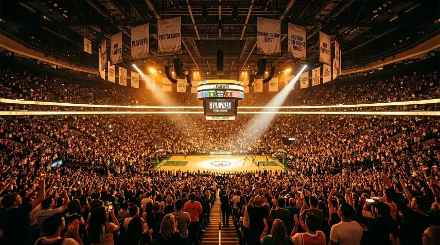 Arena da NBA lotada durante um jogo de playoffs com intensidade competitiva