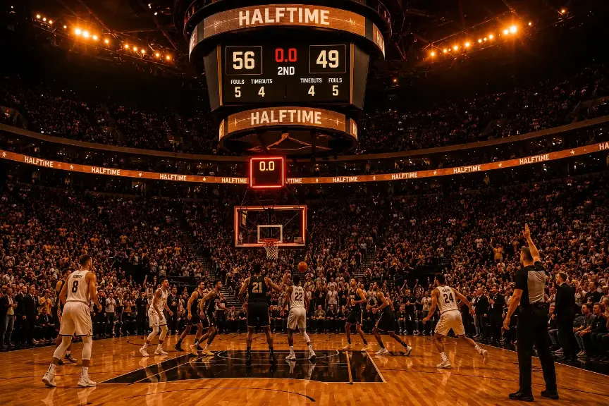 Marcador de intervalo de um jogo da NBA mostrando resultado do primeiro tempo