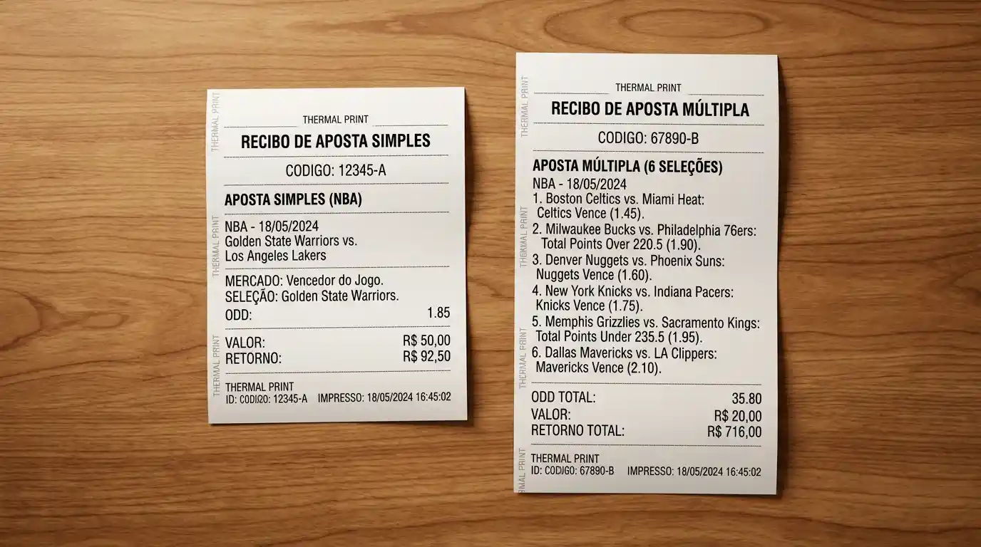 Comparação visual entre um bilhete de aposta simples é um parlay de três pernas na NBA