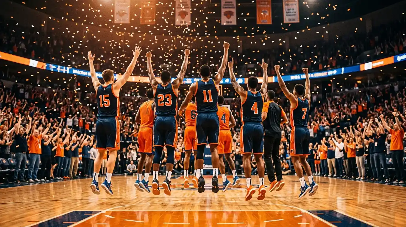 Jogador de basquete de uma equipe azarona celebrando uma vitória surpresa na NBA