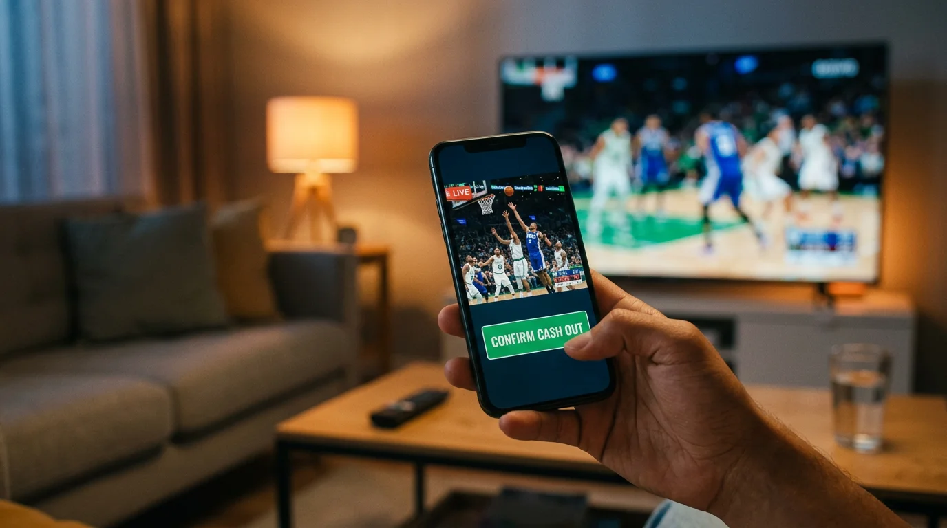 Ecra de aplicação de apostas mostrando opção de cash out durante um jogo da NBA