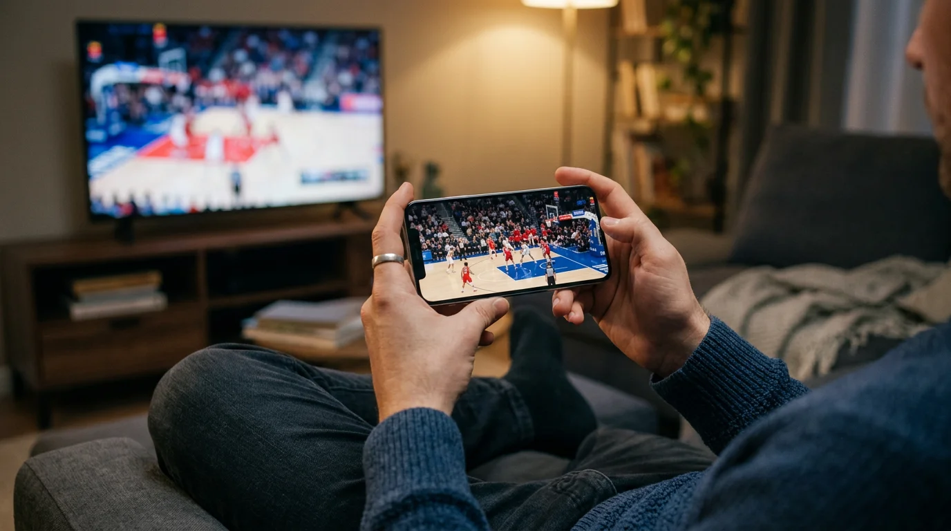 Smartphone mostrando interface de apostas ao vivo durante um jogo de basquete da NBA