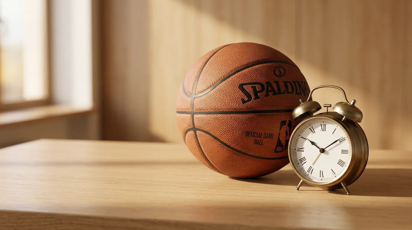 Relogio de areia ao lado de uma bola de basquete simbolizando controle e limites nas apostas
