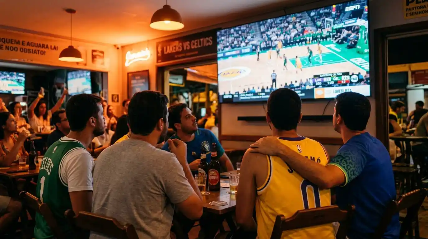 Jovem brasileiro consultando odds de NBA no telemovel em ambiente urbano