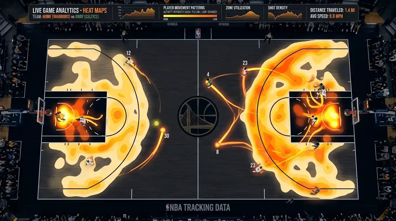 Câmeras de rastreamento instaladas numa arena da NBA captando movimentos dos jogadores
