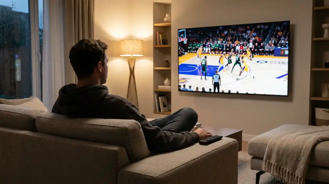 Pessoa sentada em sala de estar assistindo jogo de basquete na televisão com controle remoto na mão
