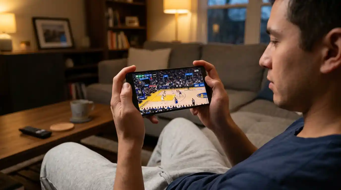 Pessoa usando smartphone para acompanhar jogo de basquete da NBA em transmissão ao vivo