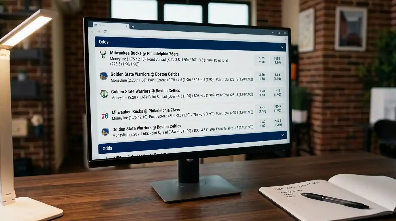 Tela de computador mostrando odds e linhas de apostas de basquete em formato decimal